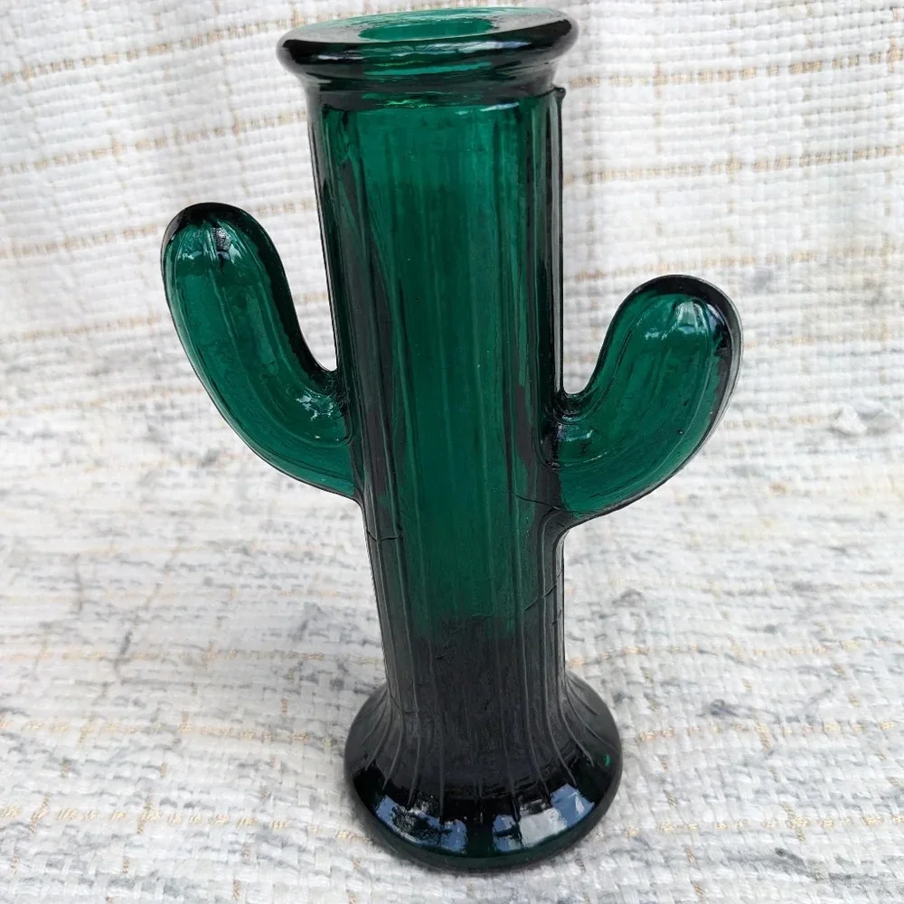 Cactus Candle Holder Glass Green 6.5 inches
